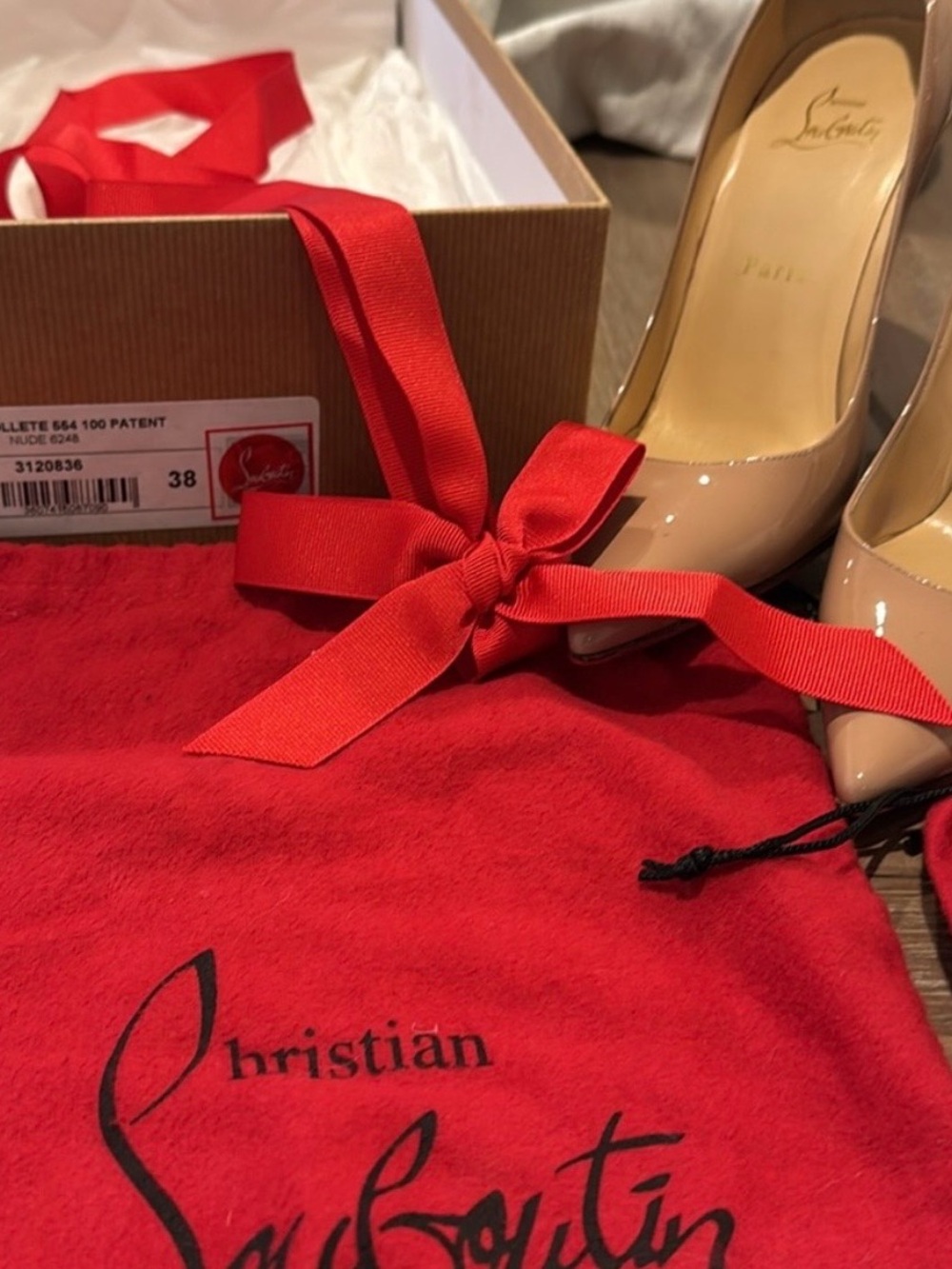 Christian Louboutin Nude Patent Pointed-Toe Pumps with Red Accents